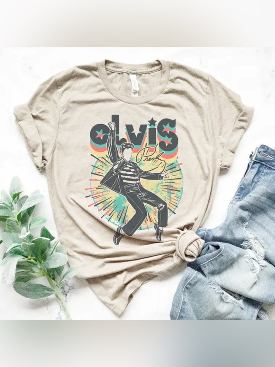 Tops - Elvis Presley Graphic Tee - Beige Retro Unisex Shirt
